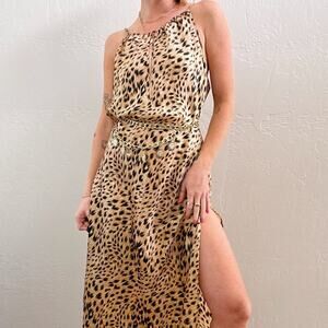 Vintage Cheetah Print Satin Side Slit Maxi Slip Dress